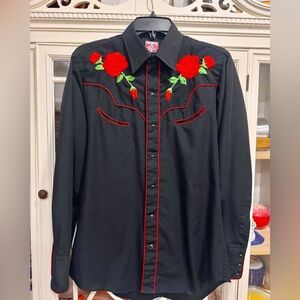 Vintage Chute ’Em Black Western Shirt | Red Rose Embroidery | Pearl Snap Style